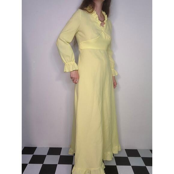 50s 60s Vtg Whimsi Yellow Cottage Prairie Vneck Empire Waist Maxi Dress Sz Small - Picture 5 of 10